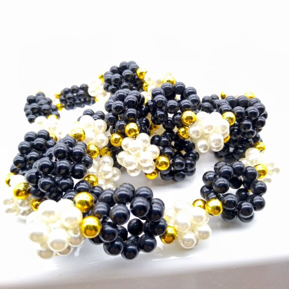 Crocheted Vintage Beaded Necklace, Black and White Faux Pearls - Picture 2 of 4